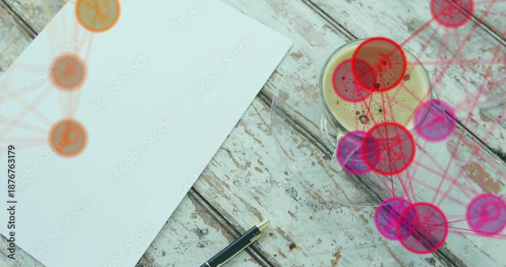 Naklejka premium Showing blank sheet lying angled on worn table with fountain pen, coffee mug and tech overlays