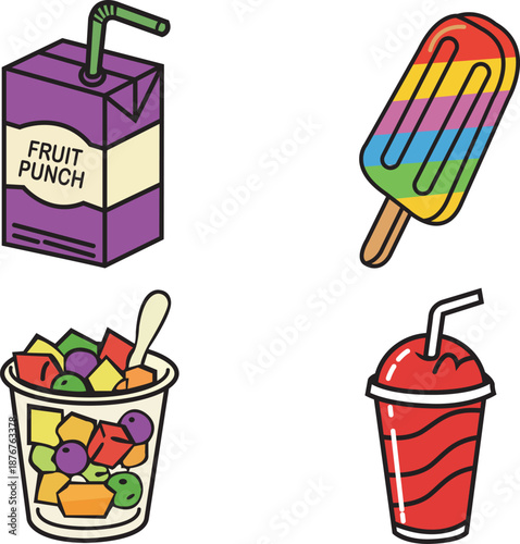 Colorful Summer Snacks And Drinks Set With Fruit Punch Carton, Rainbow Popsicle, Fruit Cup And Red Slush Cup