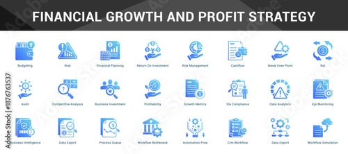 Financial Growth And Profit Strategy Cohesive set of minimalist vector icons representing key ideas with visual clarity