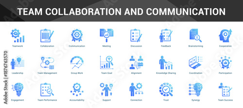 Team Collaboration And Communication Cohesive set of minimalist vector icons representing key ideas with visual clarity