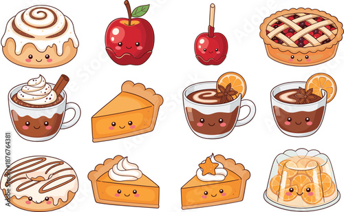 Cute kawaii desserts and drinks set with smiling faces flat vector illustration for bakery cafe design