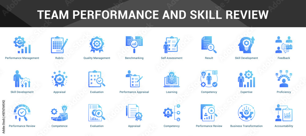 Εκτύπωση καμβά Team Performance And Skill Review Cohesive set of minimalist vector icons repres