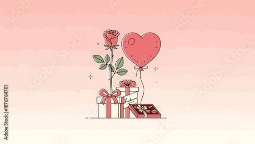 Romantic Celebration Objects Present Full Bloom Rose Heart Shape Balloon Gifts Wrapped Tied With Ribbon Scattered Chocolate Box Open