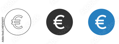 Euro EUR Icon Set, global currency illustrations in round shapes using black and blue colors for world money finance concepts.
