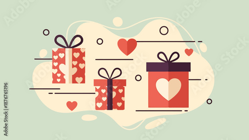 Wrapped Gift Boxes With Hearts Decoration Displayed With Decorative Elements For Celebrations And Special Occasions