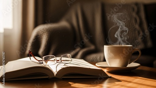 A cozy scene with a steaming cup of coffee and an open book on a table