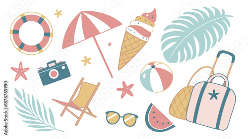 Vector set of summer travel icons featuring a beach umbrella, sun, and ball for a relaxing tropical sea holiday vacation illustration