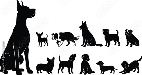 Dog breeds silhouette collection showing different puppy and adult dogs poses domestic pets set isolated black vector illustration