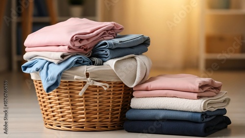 Pile of neatly folded clean clothes in a natural wicker basket and next to it, showcasing home laundry and organization