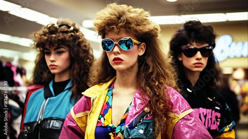Three women in 1980s fashion, vibrant clothing, bold hairstyles, and oversized sunglasses, embodying the energetic 80s lifestyle, showcasing bright colors and unique apparel.