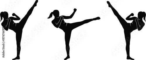 Female martial artist silhouette set showing high kick karate taekwondo fighting poses sport fitness action vector illustration isolated background