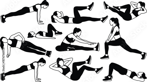 fitness silhouette, workout silhouette vector, female exercise poses, home workout exercises, gym training illustration, bodyweight workout, yoga pilates poses