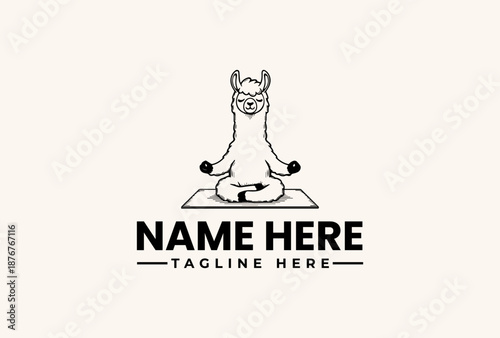 A minimalist illustration of a smiling dog sitting in a meditative pose with a 'NAME HERE' and 'TAGLINE HERE' text on a clean white background, featuring a logo and pictogram design.