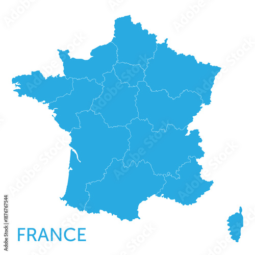 Map of France detailed boundaries of administrative divisions isolated on white background