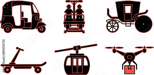 Silhouette vector set of six diverse transport modes including rickshaw, cable car, drone delivery, trolley, scooter, and carriage illustration