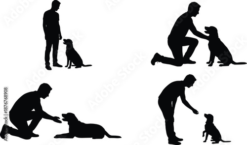 Man training dog silhouette set showing obedience commands sitting lying reward interaction pet care vector illustration