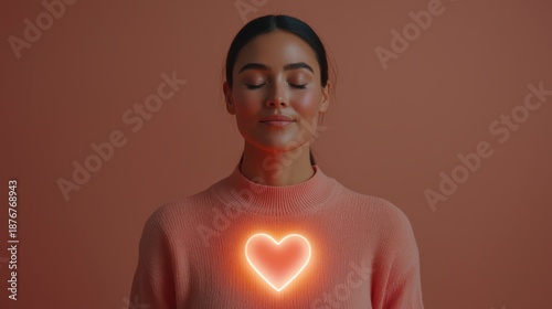A serene woman in a pink sweater, eyes closed, with a glowing heart symbol over her chest, embodying peace and love against a warm background.