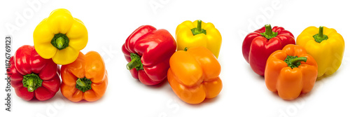 Multicolored bell peppers on a white background. Red, orange and yellow bell peppers. High quality photo