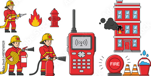 Firefighter and fire emergency icon set with rescue equipment building alarm and safety elements flat vector illustration