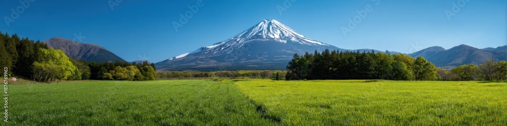 Fototapeta premium Majestic snow-capped mountain with lush green fields under clear blue sky