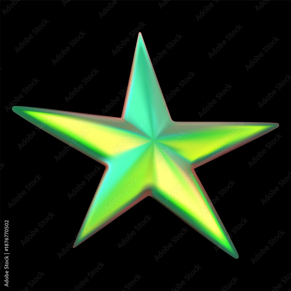 Obraz premium Green holographic sparkle star 3D vector, Y2K chrome five-pointed star iridescent effect, realistic shine space emoji