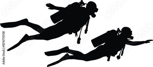 Scuba diver silhouette set underwater swimming with oxygen tank exploring ocean adventure diving sport vector illustration