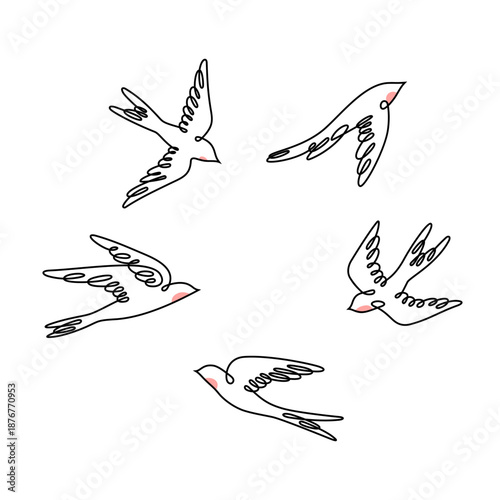 Hand drawn monoline swallows in flight isolated on a white background.