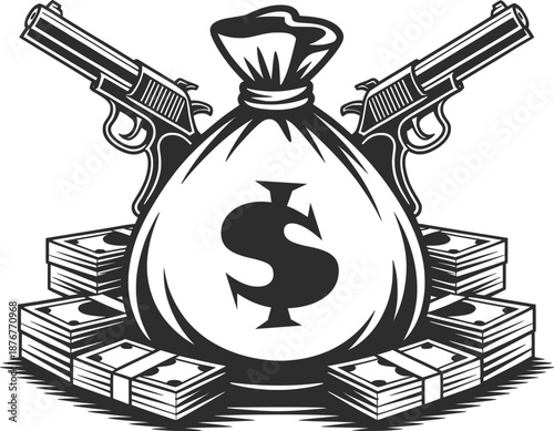 Money Bag with Guns and Cash Line Art Illustration.