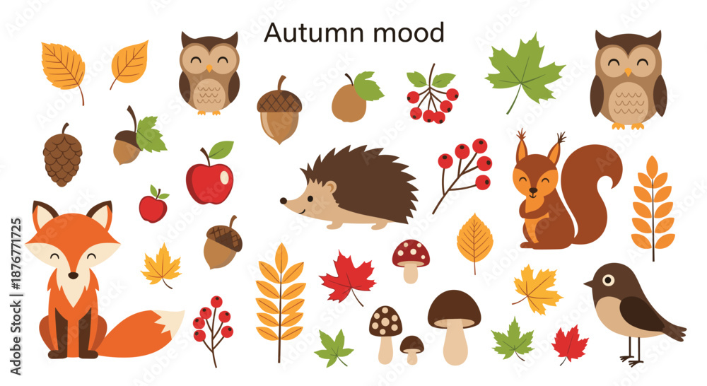 Obraz premium Extensive autumn mood collection featuring a fox, squirrel, hedgehog, owls, and various fall leaves, nuts, and berries.