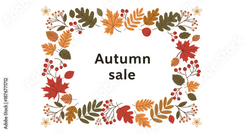 Decorative autumn sale border composed of colorful maple leaves, oak leaves, and berry branches surrounding central text space.