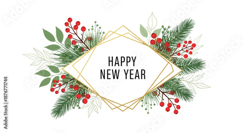 Sophisticated happy new year greeting within a geometric gold frame adorned with pine branches, red berries, and leaves.