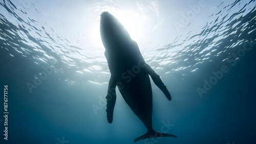 Humpback whale swimming underwater towards sunlight