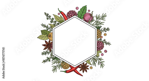Unique hexagonal frame filled with a variety of colorful spices, red chili peppers, star anise, and fresh kitchen herbs.