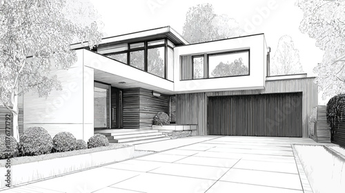 Modern luxury house exterior architectural sketch. Contemporary residential building design line art. Black and white monochrome drawing.