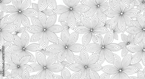 Detailed line art seamless pattern of large blooming flowers with many petals in a classic monochrome design.