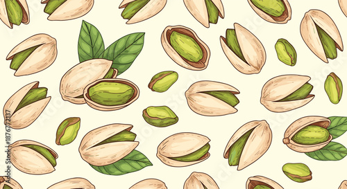 Nutritious seamless pattern featuring hand drawn whole and opened pistachios with vibrant green leaves on a warm ivory background.