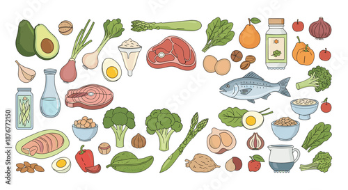 Comprehensive healthy food collection featuring various vegetables, fruits, meat, fish, eggs, and nuts for a balanced diet and nutrition.