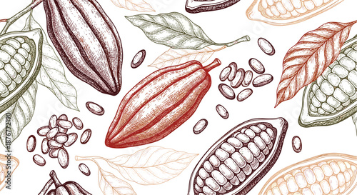 Vintage hand drawn cocoa beans and pods seamless pattern with detailed sketch of chocolate ingredients on white background.