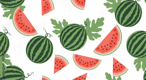 Vibrant seamless pattern of whole watermelons and juicy red slices with seeds and green leaves on a bright white background.