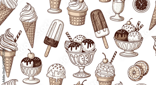 Delicious ice cream and popsicles seamless pattern with various flavors, cones, cups, and toppings in a vintage sketch style.