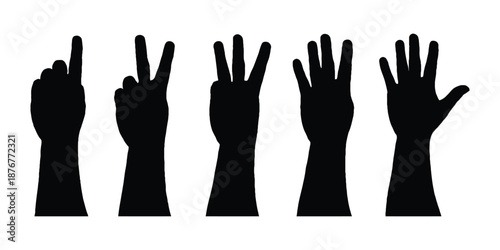 Hand Silhouette Counting Numbers One to Five. Hand Gesture Silhouette Set
