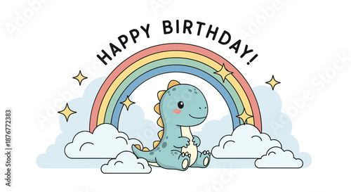 Adorable happy birthday greeting with a cute baby dinosaur sitting under a colorful rainbow with clouds and twinkling stars.