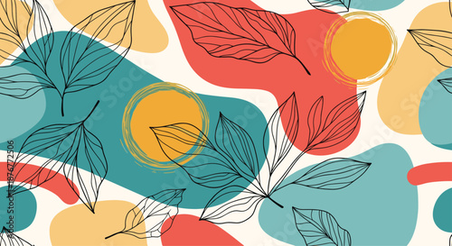 Modern abstract pattern with thin line leaf drawings over colorful organic shapes in teal, orange, and red tones for trendy decor.