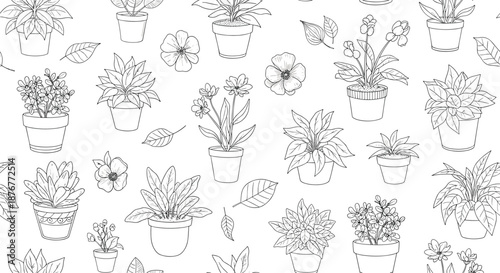 Botanical black and white seamless pattern featuring hand drawn line art sketches of various potted house plants and flowers.