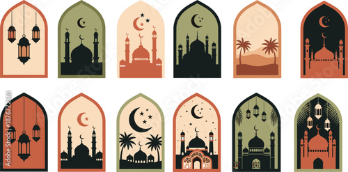 Islamic arch window illustrations with mosque silhouettes crescent moon stars and lanterns in warm color flat vector set