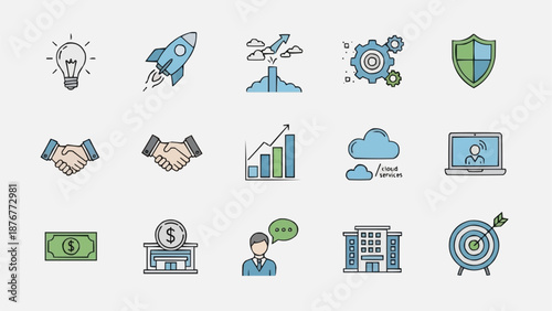 Collection of business and finance icons in a doodle style.