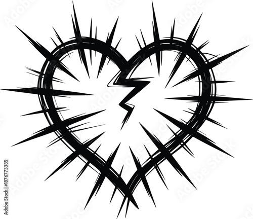 Broken Heart with Thorns Line Art Illustration.