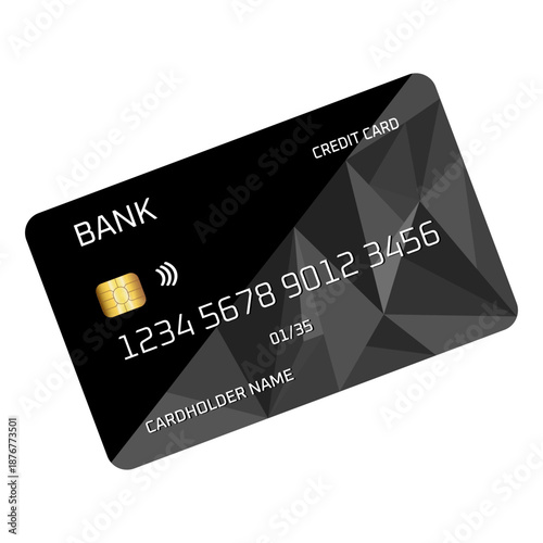 Black credit card with contactless payment chip, geometric design