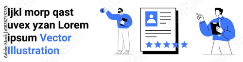 Digital security, identity verification, user profiles, professional communication, recruitment processes, online platforms. Man analyzing credentials graphic and user profile card with rating stars