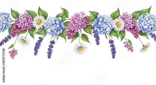 high-quality watercolor floral garland of purple lilac, blue hydrangea, and white daisy clusters, arranged flat lay on a transparent background with ample copy space below, concept of elegant